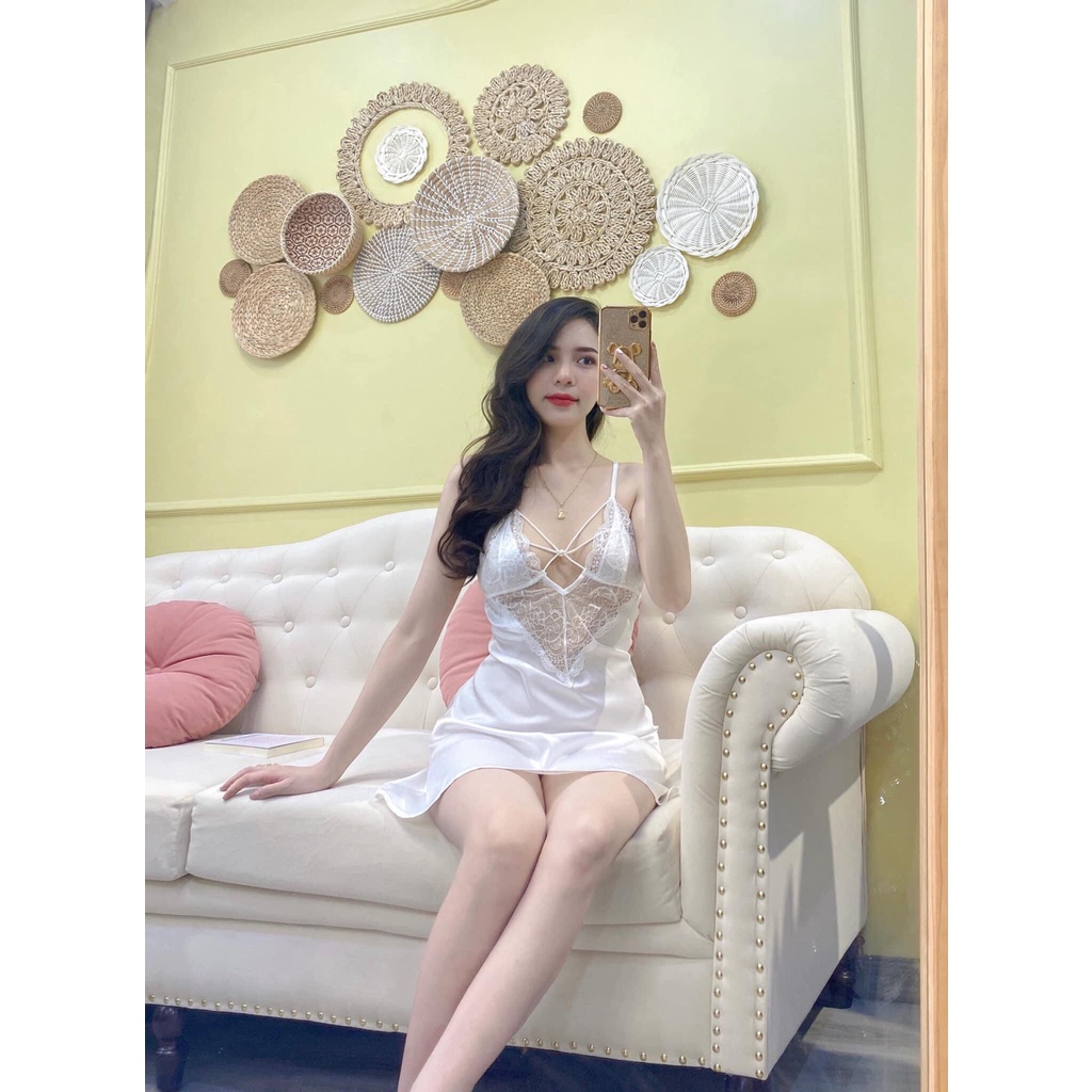 Đồ Ngủ SLADY, Váy ngủ lụa cao cấp phối ren 2 dây sexy đầm ngủ gợi cảm quyến rũ - VNS78
