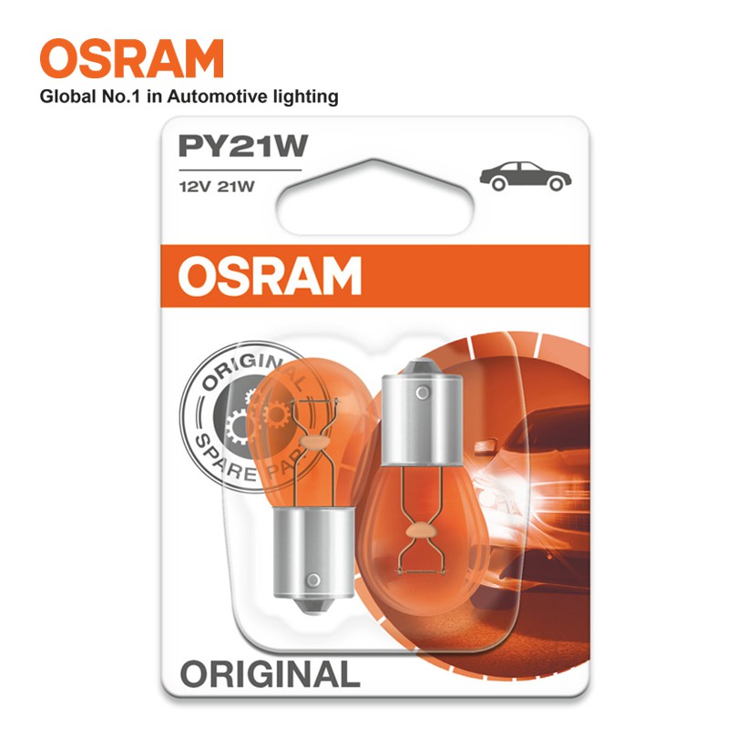Combo 2 Bóng Đèn Sau 1 Tim Halogen OSRAM Original Dùng Cho Xe Ô Tô Chân PY21W 12V 21W 7507-02B (BAU15S) (Chân Xéo) Vàng