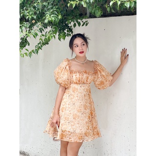 Somee studio Váy tơ hoa cam tay bồng Judy Dress