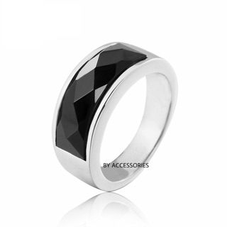 Nhẫn nam titan tròn đá đen vát cạnh bản 8mm không gỉ BY ACCESSORIES