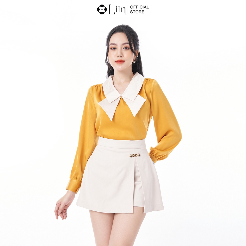 Áo kiểu nữ linbi màu vàng mix cổ nơ be kiểu dáng trẻ trung, mặc tôn da liin clothing A2266