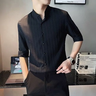 Hàn Quốc Chất Liệu Xếp Ly Hàn Quốc Ba Phần Tư Tay Đứng Cổ Áo Sơ Mi Mùa Hè Mỏng Ba Phần Tư Tay Áo Sơ Mi Giữa Tay Áo Sơ Mi Nam