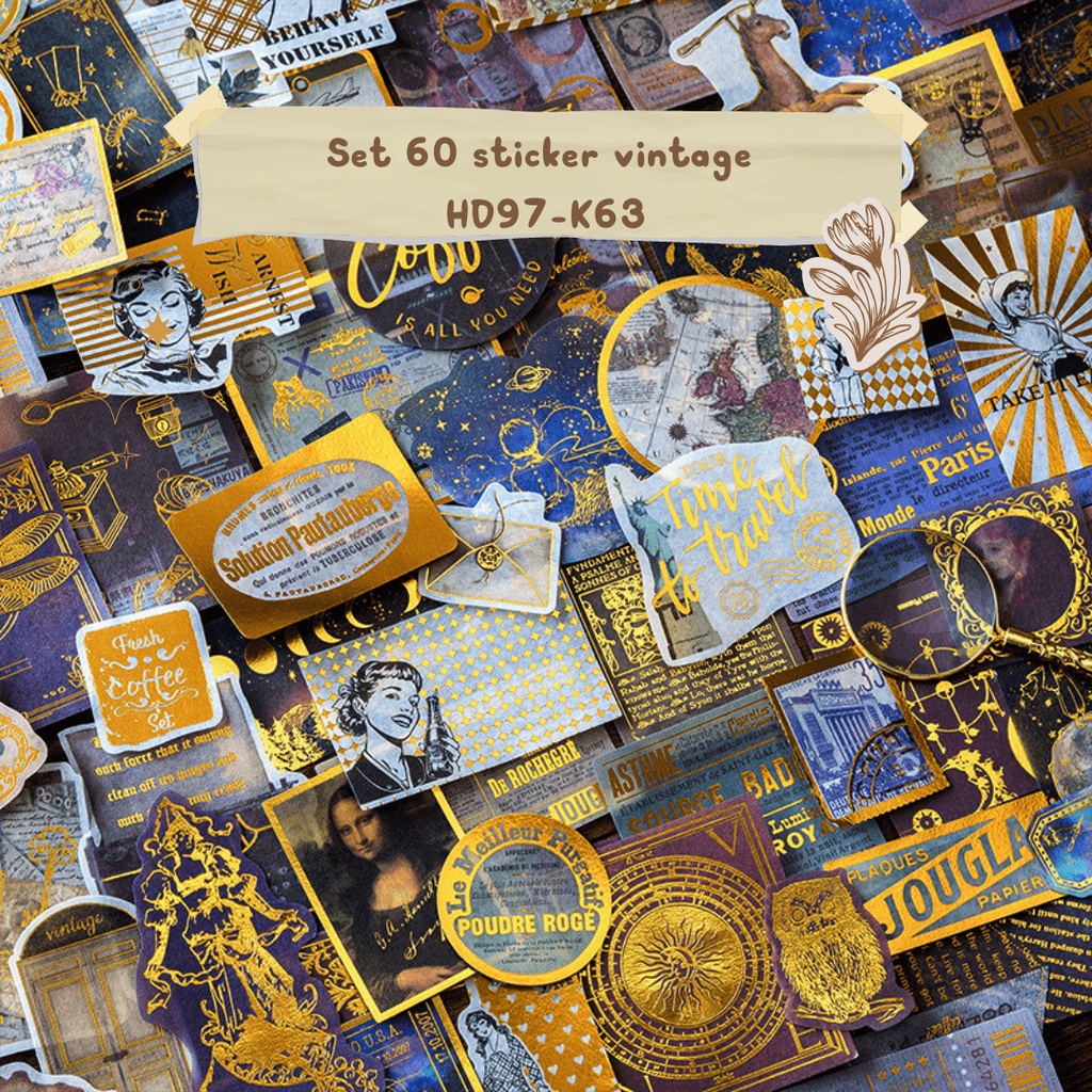 Sticker vintage dán sổ dán mũ bảo hiểm cute Set 60 miếng HD97-K63 trang trí DIY Crafts, Scrapbook, Journal, Diary