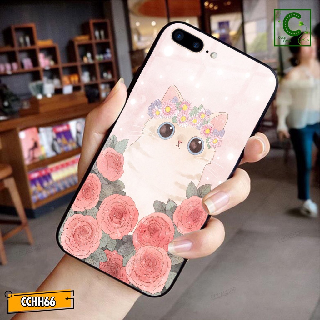 Ốp lưng iphone mặt kính cực đẹp - Chú mèo bên vườn hoa khoe sắc - 6/6plus/6s/6splus/7/7plus/8/8plus/x/.....