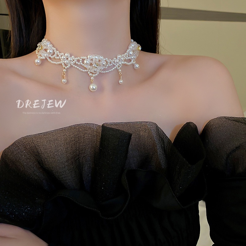 DREJEW Dây chuyền đính đá pha lê và ngọc trai hình hoa thời trang sang trọng cho nữ