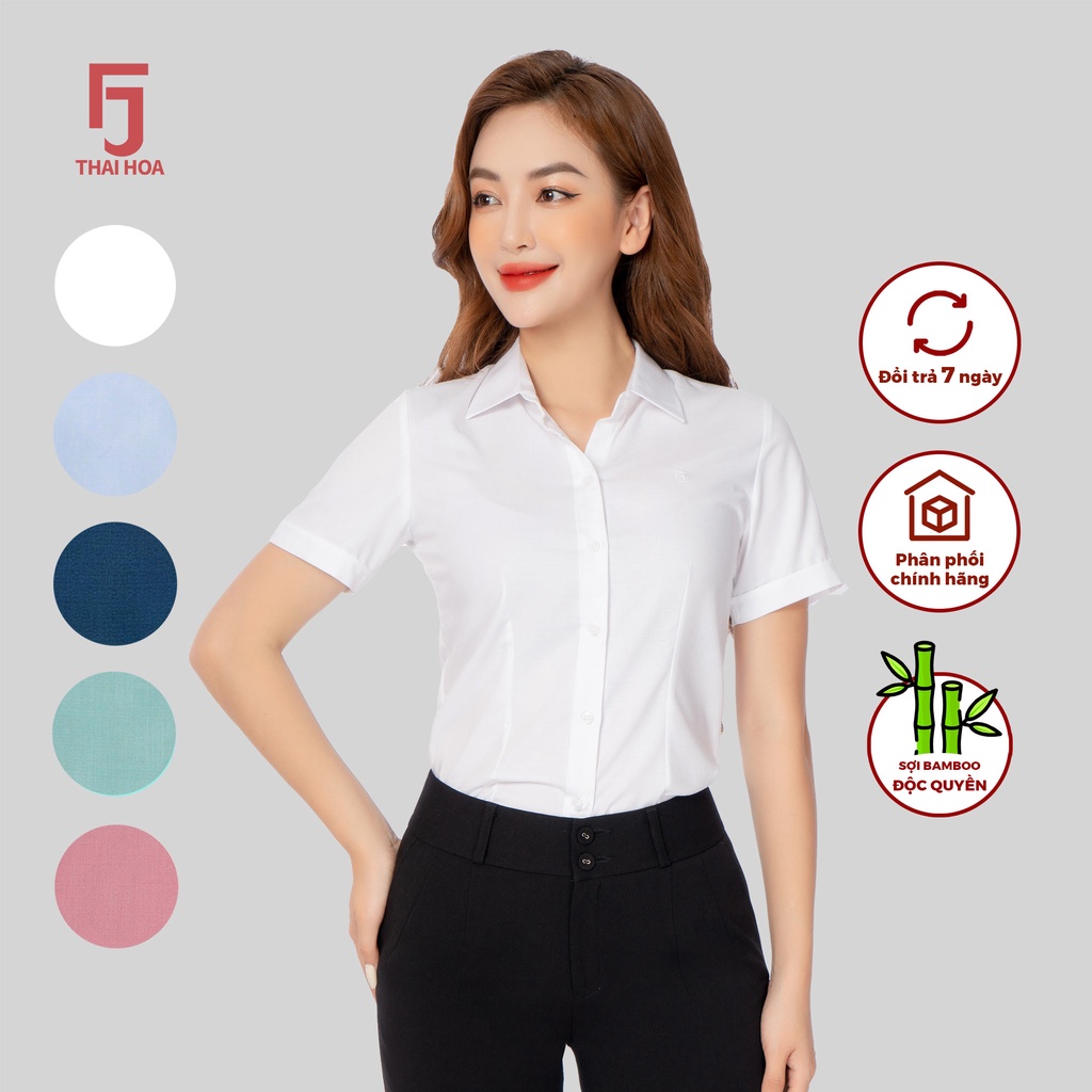 Áo sơ mi R11 nữ ngắn tay chất liệu sợi tre vải xước Thái Hòa công nghệ cổ Đức