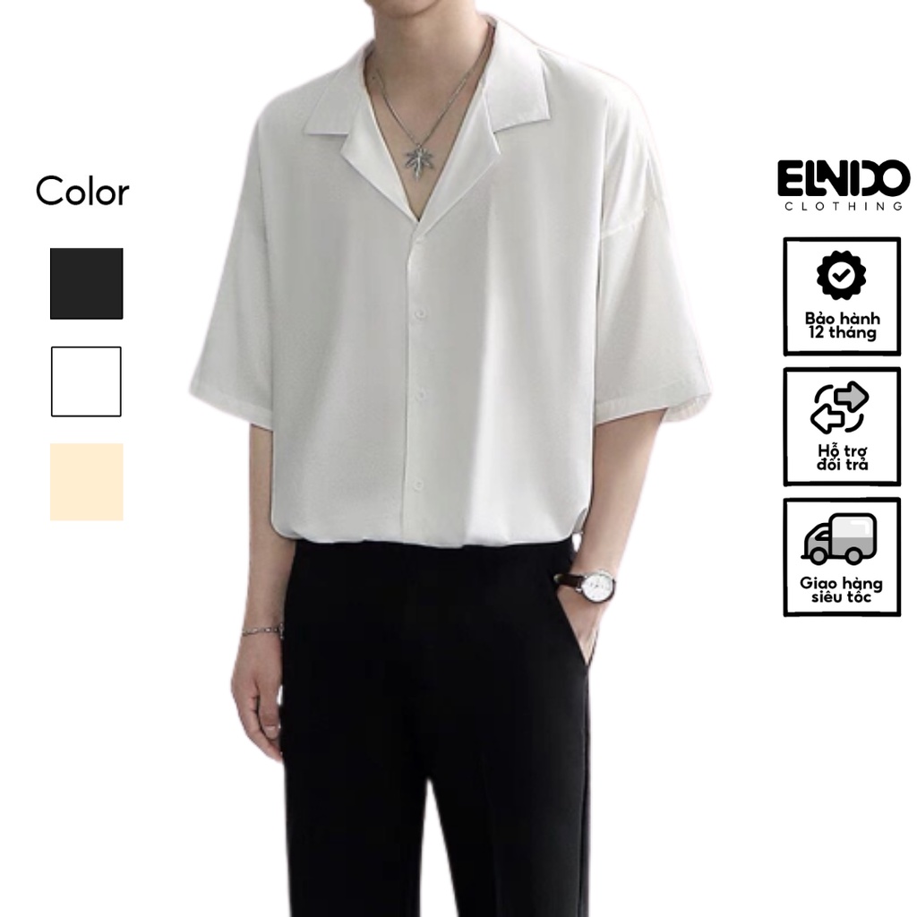 Áo sơ mi tay ngắn nam nữ ELNIDO form rộng cổ vest phong cách unisex Hàn Quốc chất vải lụa dãn cao cấp