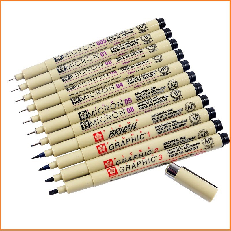 Bút line đi nét Sakura Pigma Micron màu Black 005, 01, 02, 03, 04,05,  08,1,2,3, Brush