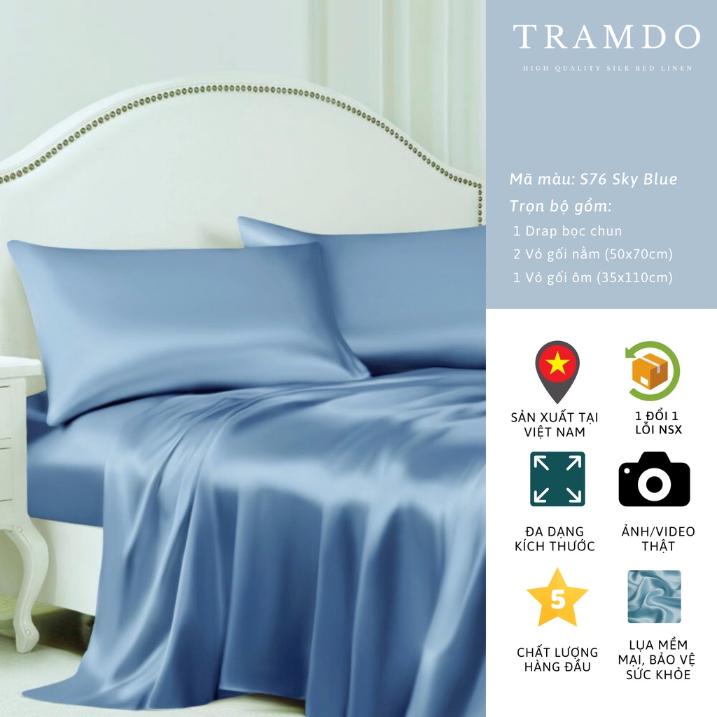 Bộ Chăn Ga Gối Lụa Cao Cấp NITE9SILK TRAMDO BEDDING Màu Xanh Da Trời