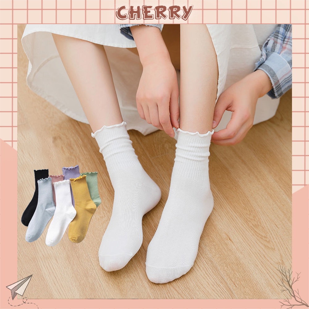 Tất cổ cao nữ bèo nhún, vớ bèo nhún nữ cổ cao màu trơn basic thời trang Vintage Hàn Quốc- Cherry Shop - 1