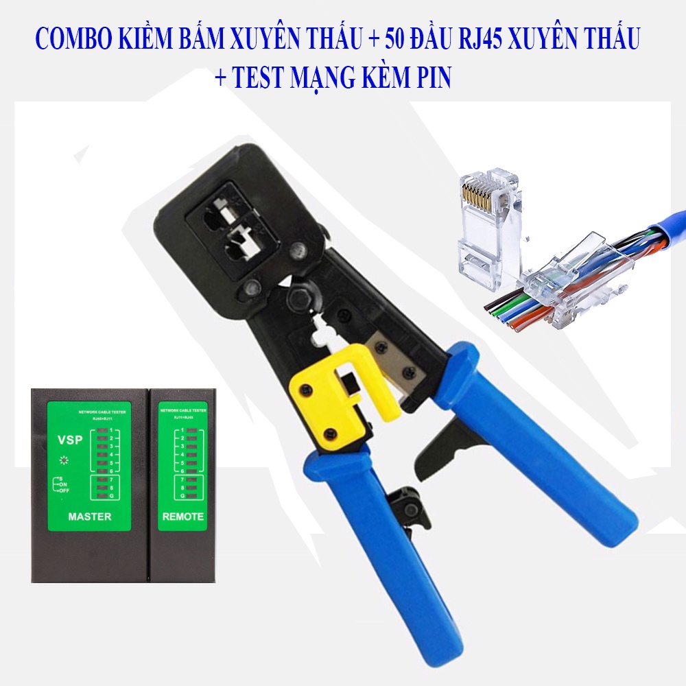Bộ kiềm bấm mạng xuyên thấu + 50 hạt mạng RJ45 xuyên thấu + hộp test ...