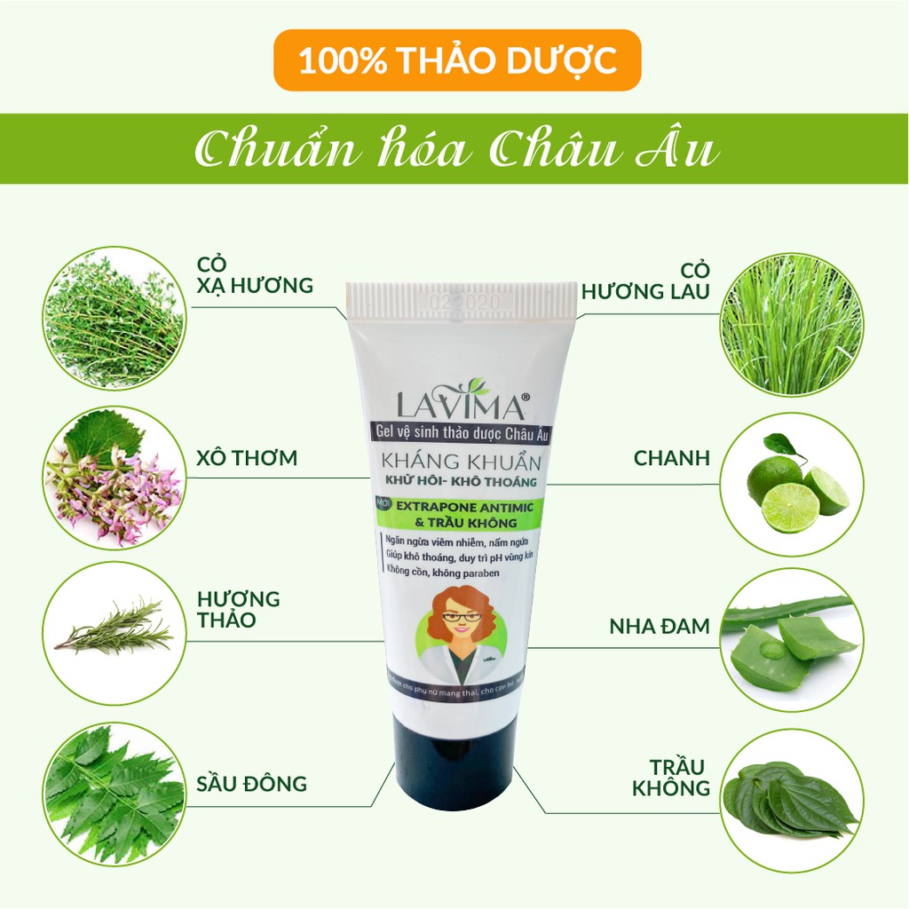 Ảnh Tuýp Gel Rửa Phụ Khoa Thảo Dược Châu Âu LAVIMA Minisize 20g - Huyết Trắng, Nấm Ngứa, Lộ Tuyến, An Toàn Cho Mẹ Bầu 2