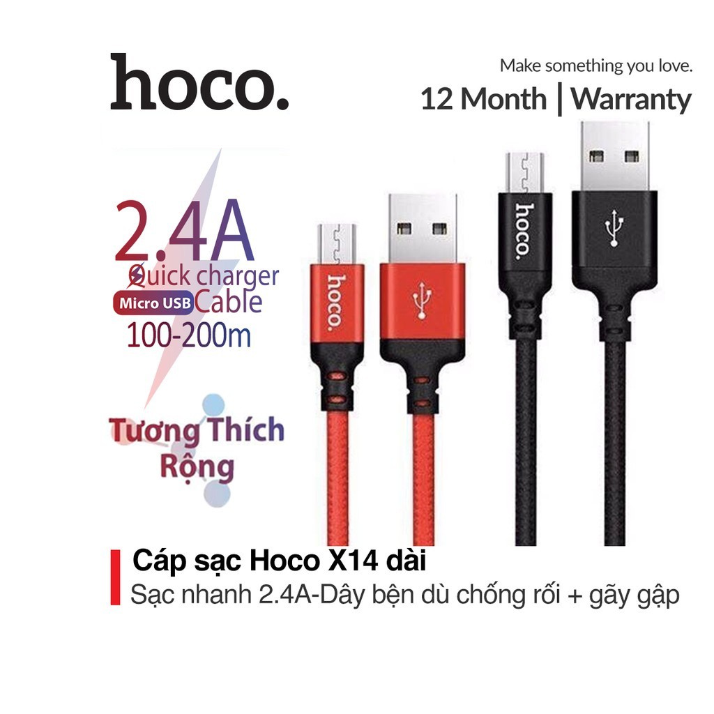 Cáp sạc nhanh 2.4A Hoco X14 Micro dây dù siêu bền hỗ trợ truyền tải dữ liệu với hiệu suất cực cao dài 1m/2m cho Android