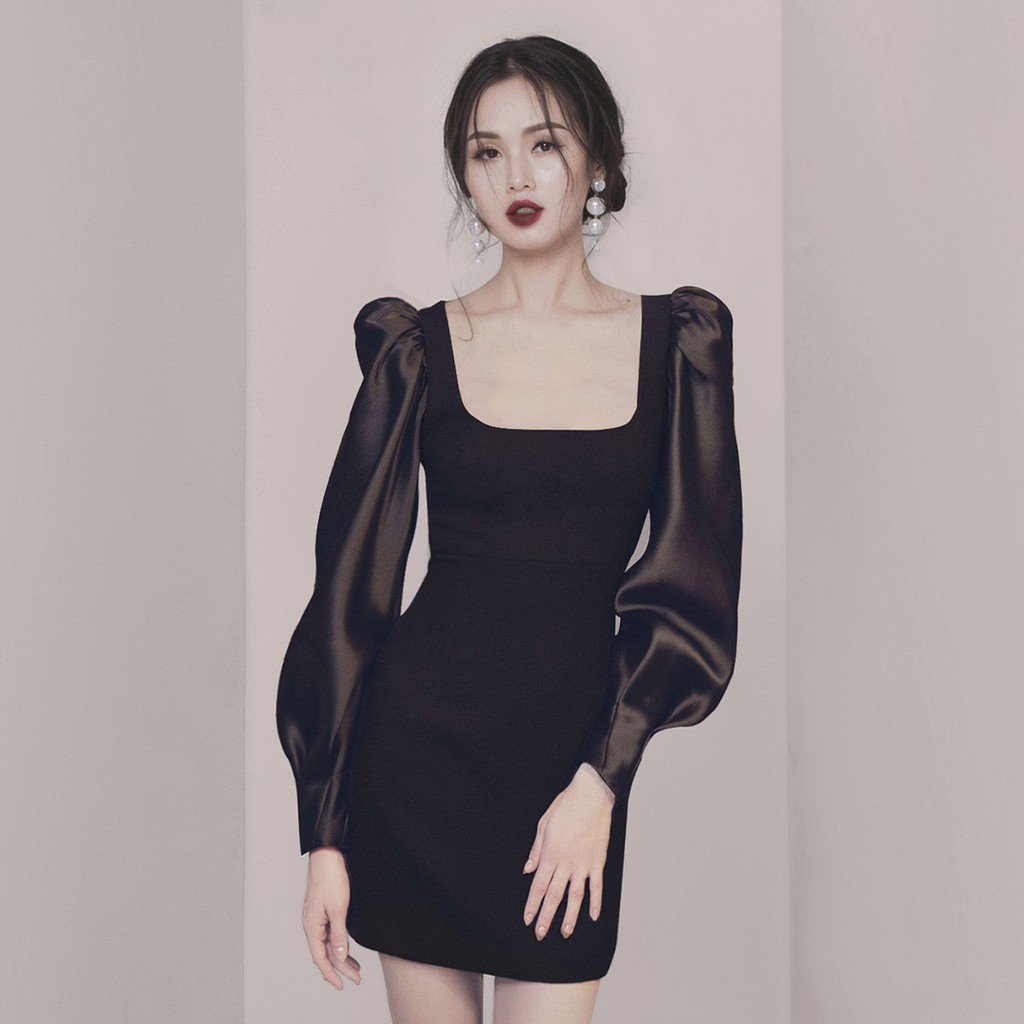Naris Dress - Đầm Mini Cổ V Tay Phồng Dài Nút Nổi Chân Váy Chữ A