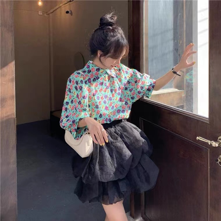 Áo sơ mi SUXI tay phồng dáng rộng in họa tiết hoa dễ thương thời trang mùa hè cho nữ