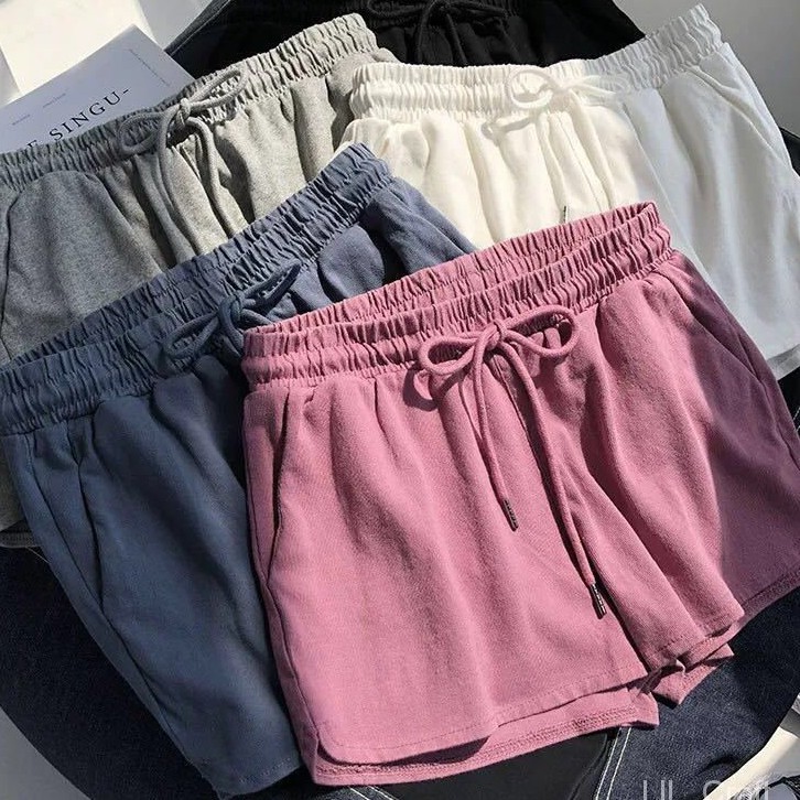Quần short nữ eo cao co giãn, phong cách thể thao, màu trơn, phù hợp mặc hàng ngày, style Hàn Quốc