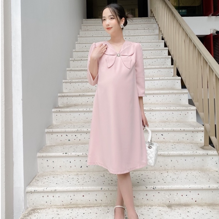 MEDYLA – Đầm bầu dự tiệc thu đông thiết kế 2 lớp chéo hồng lót lụa cho bầu đi chơi đi tiệc – VS1129 spe