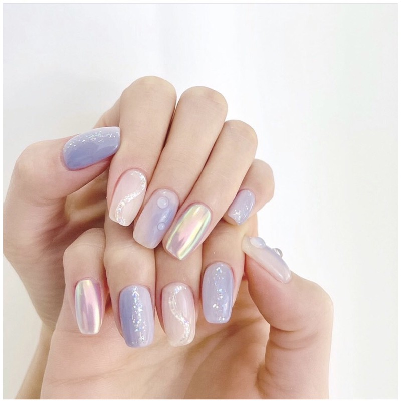 Nail Box (Móng úp sơn gel ombre tím-sơn gel thạch + tráng gương cầu vồng +  vẽ gel + ẩn kim tuyến)