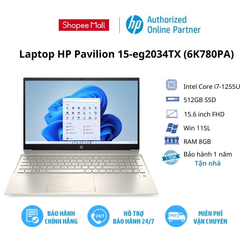 [Mã ELHP2TR5 giảm 12% đơn 18TR] Laptop HP Pavilion 15-eg2034TX (6K780PA)/ Vàng/ Intel Core i7-1255U/RAM 8Gb/512GB SSD