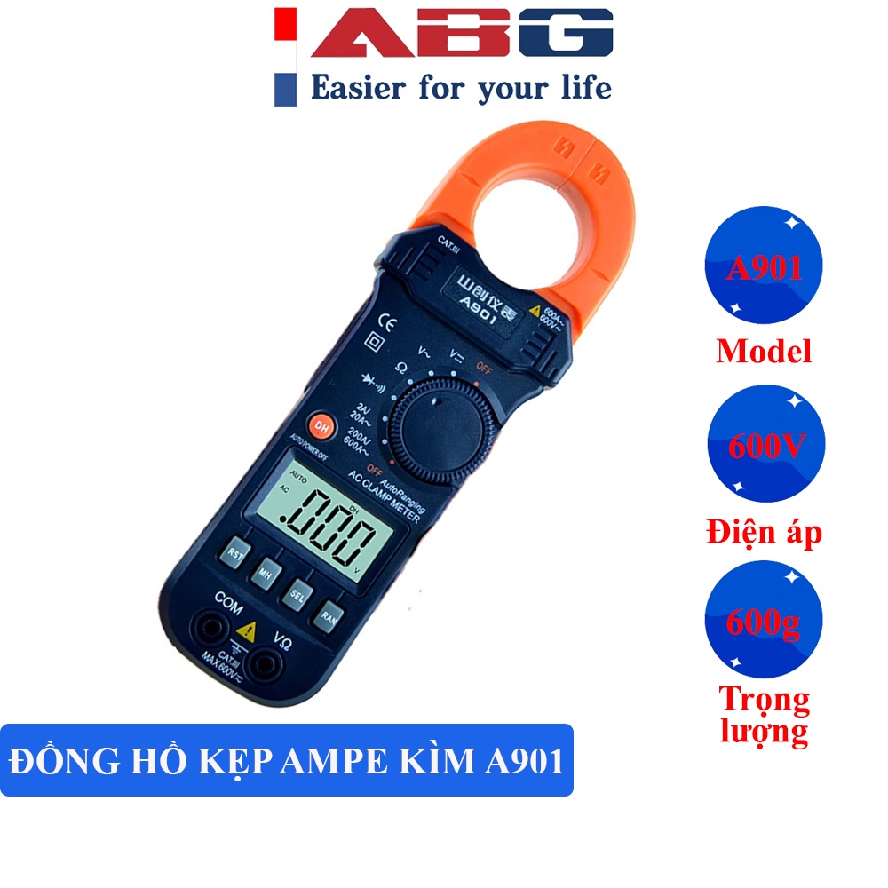 Ampe Kìm Đồng Hồ Kẹp Dòng Vạn Năng ABG Digital A901 - Đo Thông Mạch, Đo Điện Trở, Đo Dòng Điện Xoay Chiều