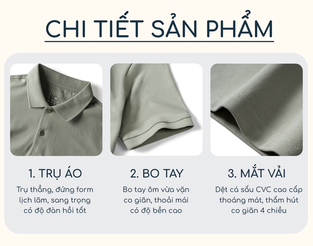 Mô tả Áo polo nam trơn LEEVUS tông màu trung tính đơn giản, chất liệu cá sấu CVC BASIS APL22 - 2