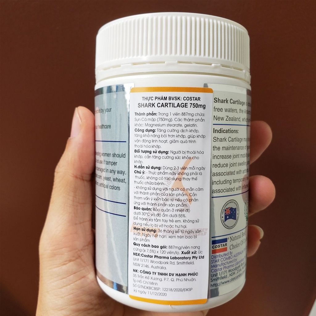 Ảnh Sụn Vi Cá Mập Blue Shark Cartilage 750mg Úc Costar (120 viên) Hỗ Trợ Xương Khớp 2