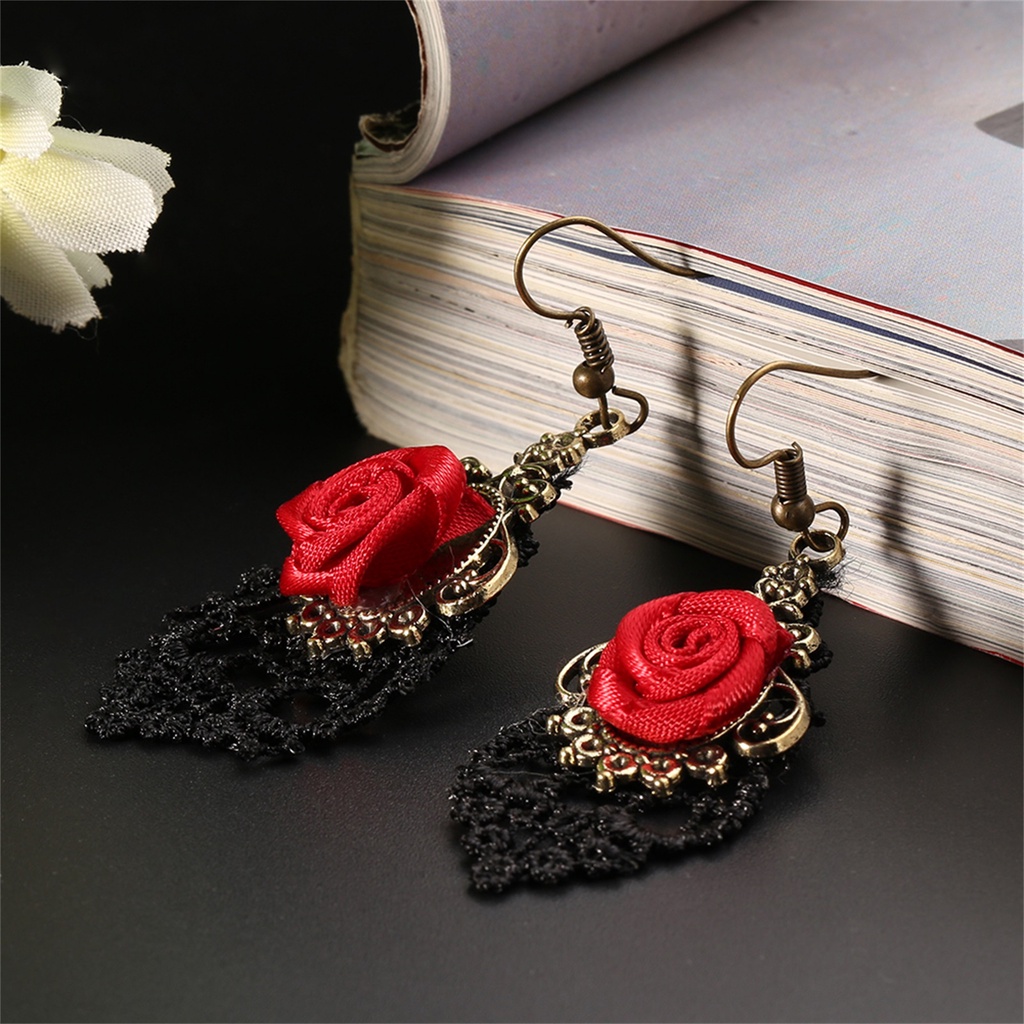 Đôi bông tai ren đen đính hoa hồng đỏ phong cách vintage thời trang dành cho nữ