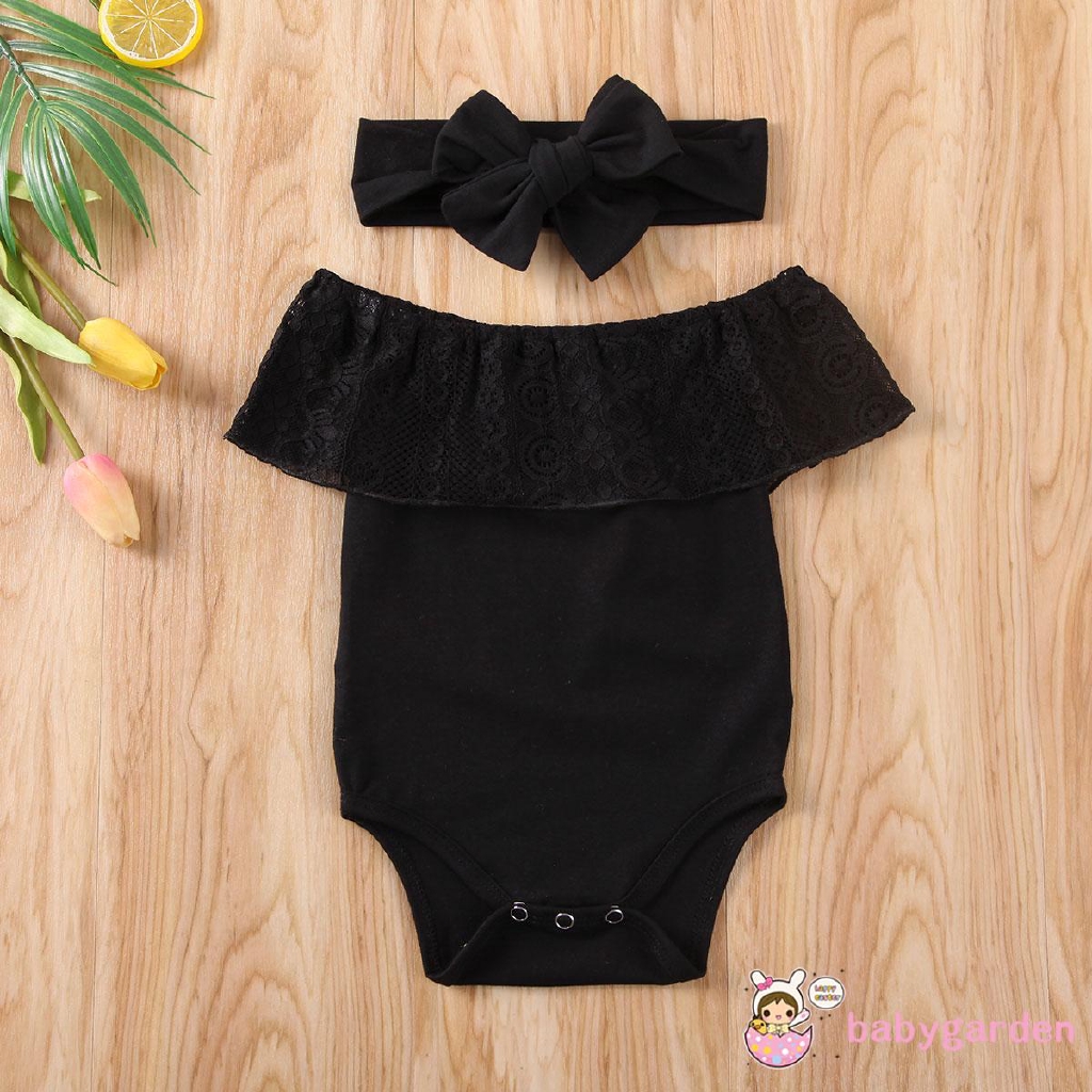 Sơ Sinh Bé Gái Tay Ngắn Ren Thường Ngày Màu Nguyên Chất Áo Liền Quần + Băng Đô