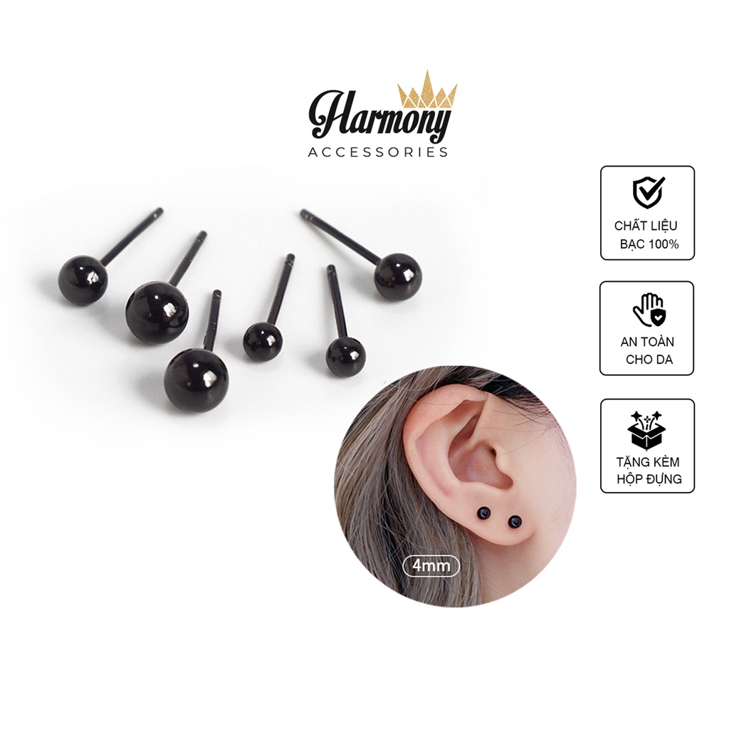 Khuyên tai tròn bi đen nữ bạc 925 basic đơn giản nhiều size (1 chiếc) | HARMONY ACCESSORIES K245