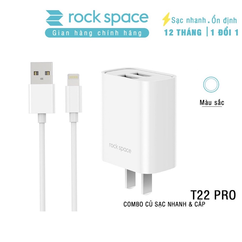 Bộ củ cáp sạc nhanh IP Rockspace T22 Pro 2 Cổng 2,4A không nóng máy bảo hành 12 tháng