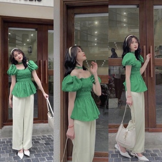 [3038] Set Áo Xanh Chun Ngực Mix Quần Suông Be Có Ảnh Thật Kèm Video