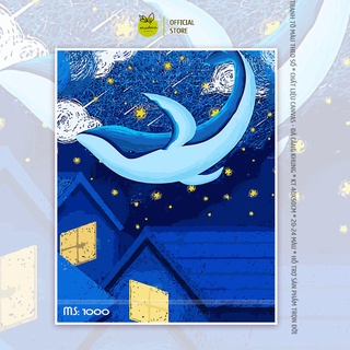 Tranh số hóa tự tô màu Madoca có khung 40x50cm cá heo bay trong mây T1000