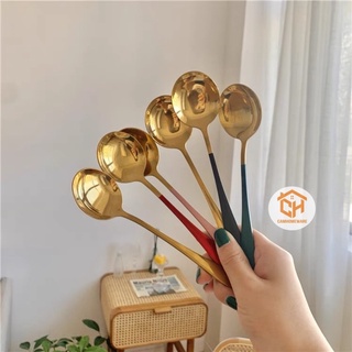Thìa Inox Mạ Vàng Cán Dài Nhiều Mầu Sang Trọng Cam Homeware