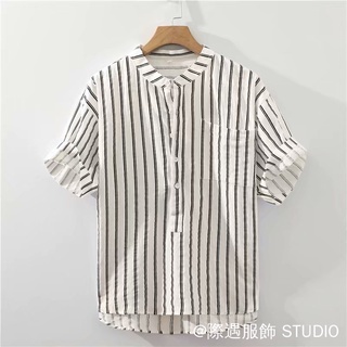 Áo sơ mi vải lanh sọc Nhật Bản 3 màu M-3XL Cổ đứng Áo sơ mi nửa tay Áo sơ mi vải lanh Cotton Áo sơ mi sọc dọc Áo sơ mi dáng rộng Áo sơ mi chui đầu