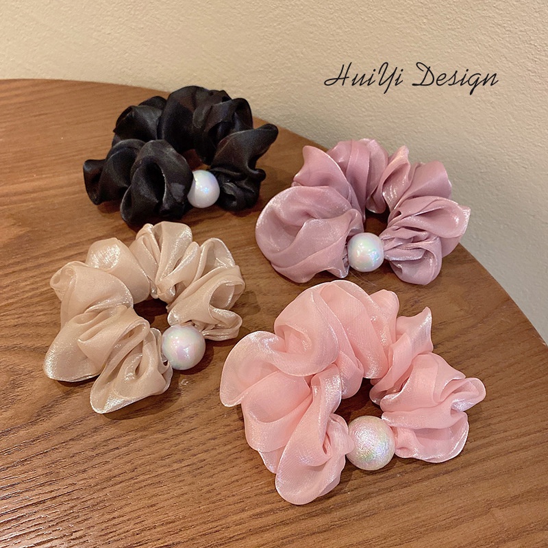 Dây buộc tóc, Scrunchies đính ngọc trai nhân tạo lụa satin nhún phong cách tiểu thư xinh xắn