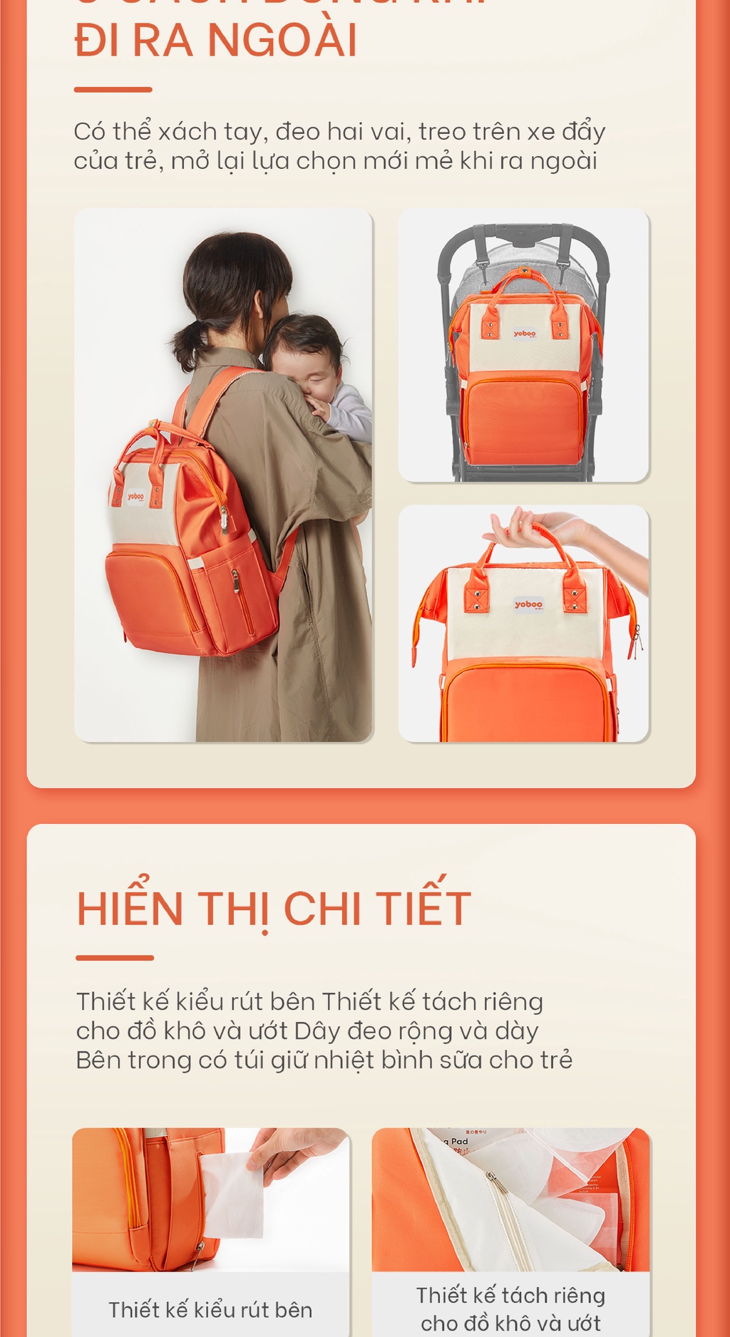 Mô tả Balo bỉm sữa đa năng cho mẹ và bé Yoboo YB-005 chống thấm nước sức chứa lớn 20L nhiều ngăn chứa đồ - Hàng chính hãng - 5