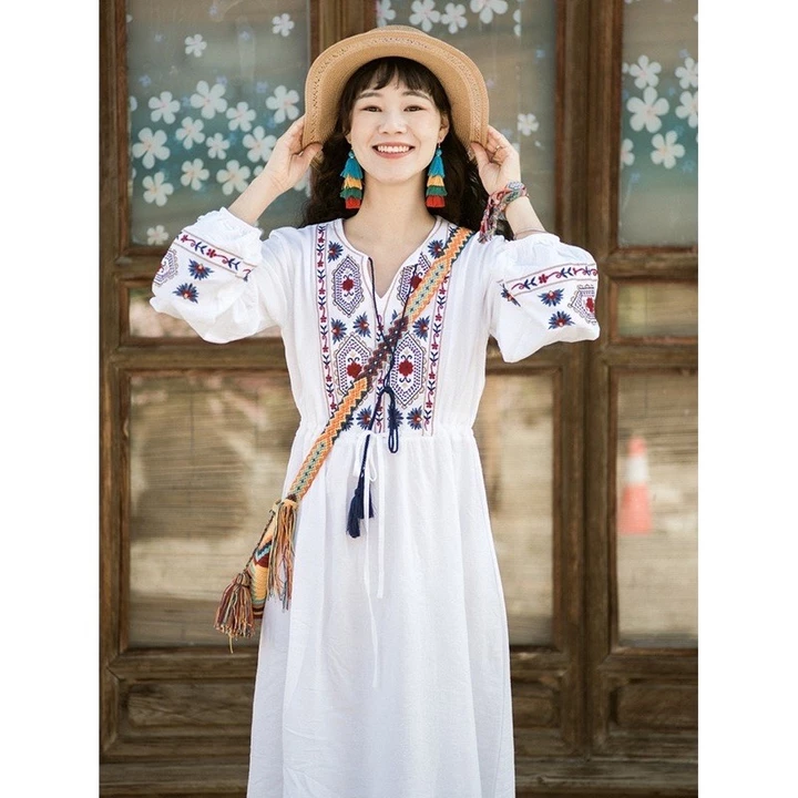 (Sẵn) Váy boho váy bohemian thổ cẩm thêu sắc nét có ảnh thật