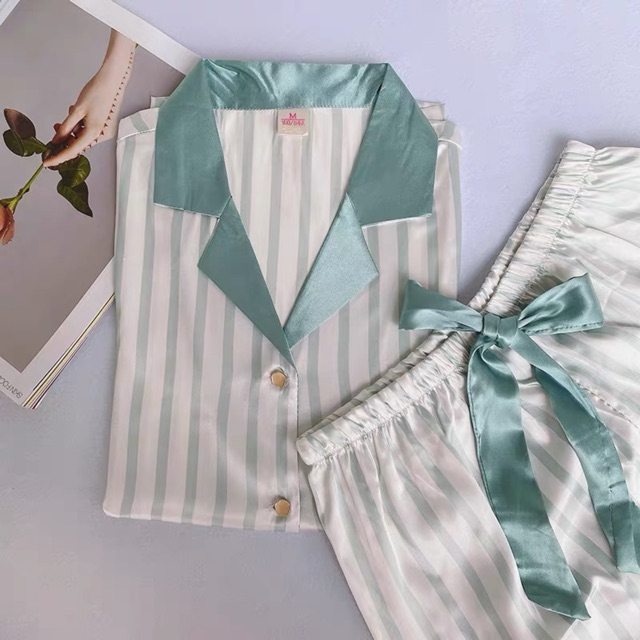 Bộ Đồ Ngủ Lụa Satin Mặc Nhà Pijama Cao Cấp Hoạ Tiết Kẻ Sọc H98 ( kèm video)