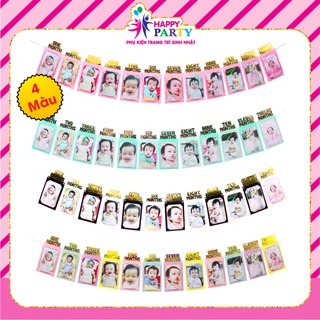 Dây treo ảnh 12 tráng, dây hình 12 tháng trang trí sinh nhật, trang trí thôi nôi HAPPY PARTY cao cấp ánh kim kt 11x21cm