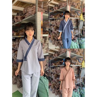 thời trang nữ hottrend , đồ lam đi chùa, đồ đi chùa đơn giản trơn phối ba nút
