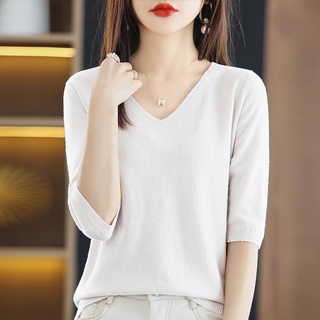 Mùa Xuân Mùa Hè Cổ Chữ V Chui Đầu Giữa Tay Đáy Áo Sơ Mi Nữ Phong Cách Hàn Quốc Thời Trang Rời Dệt Kim Áo Len Áo Thun Nữ Top Mỏng Phong Cách