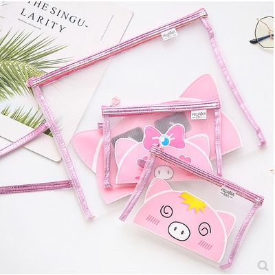 (Thaosi8420) Hộp đựng bút, túi đựng A4 khóa kéo heo hồng cảm xúc KT 255mm*315mm