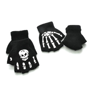 Ấm cúng Tập Đi Trẻ Em Halloween Skeleton Skull Găng Tay Nửa Ngón Phát Sáng Trong Bóng Tối Dạ Quang Ngón Co Giãn Dệt Kim Mitte