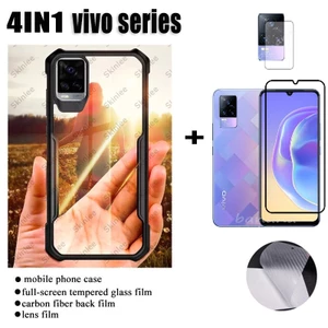 VIVO Y15S Y20S G V21E Y12s Y20 Y20i Vỏ Điện Thoại Chống Sốc + Phim Kính Cường Lực Toàn Màn Hình + Phim Mặt Sau Bằng Sợi carbon + Phim Ống Kính