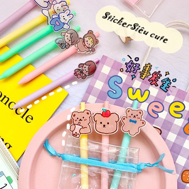 Bút bi cute nước xanh đen tùy đợt hàng bấm màu gel gắn kèm sticker cứng cưng sỉu