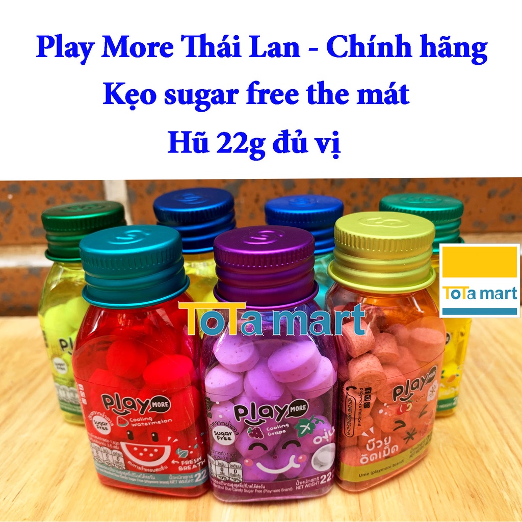 Kẹo PLAYMORE Thái Lan bạc hà hũ 22g Sugar free không đường vị dưa hấu, xí muội, bạc hà, xoài, táo