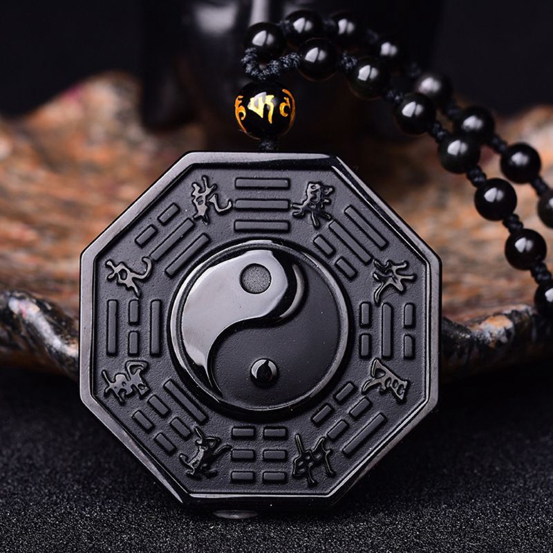 Dây chuyền mặt đá Obsidian hình bát quái phong cách Trung Hoa ...