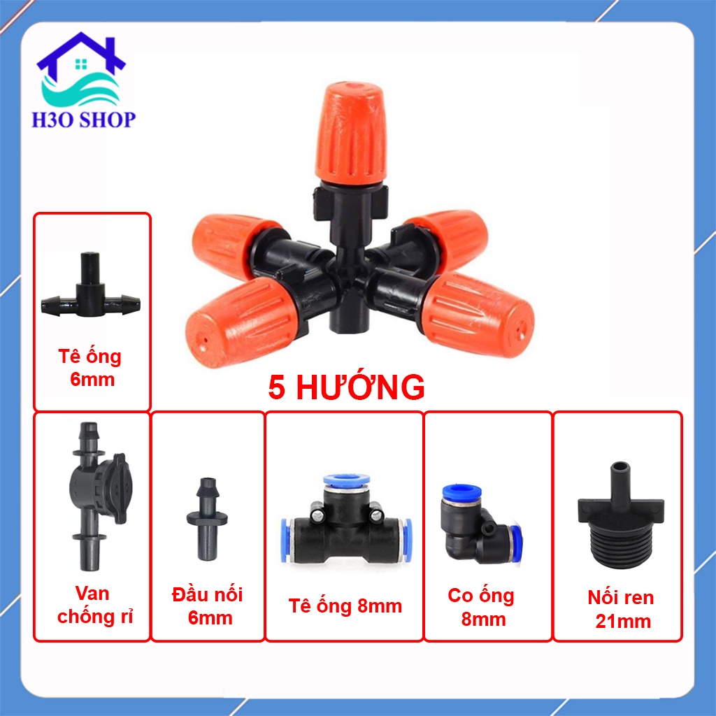 Đầu tưới phun sương 5 hướng cam (Tùy chọn loại chân nối) béc phun sương tưới cây, làm mát không khí