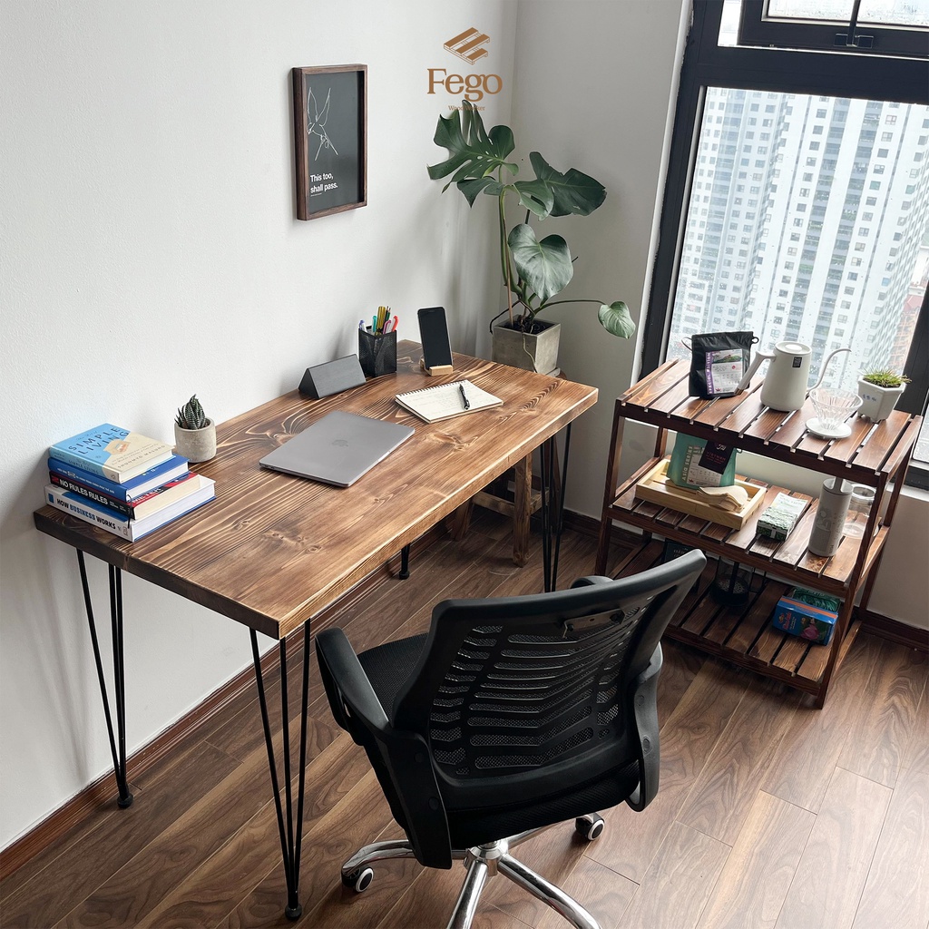Ảnh Bàn làm việc văn phòng FEGO bằng gỗ tự nhiên nâu sẫm rustic kết hợp chân hairpin hiện đại 2