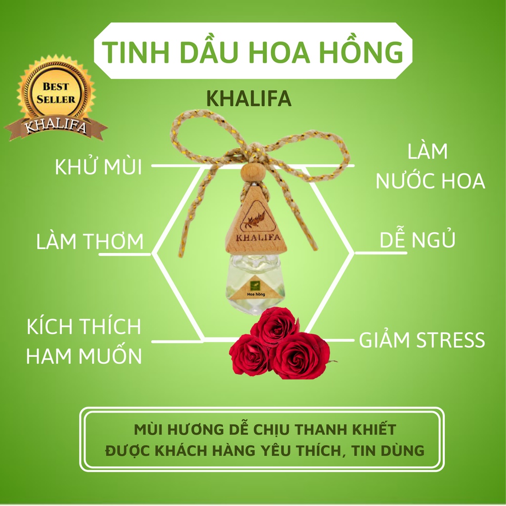Tinh Dầu Hoa Hồng Nguyên Chất Khalifa 50ml Tốt Cho Da Giảm Stress Khử Mùi Chống Say Xe Hàng Chính Hãng